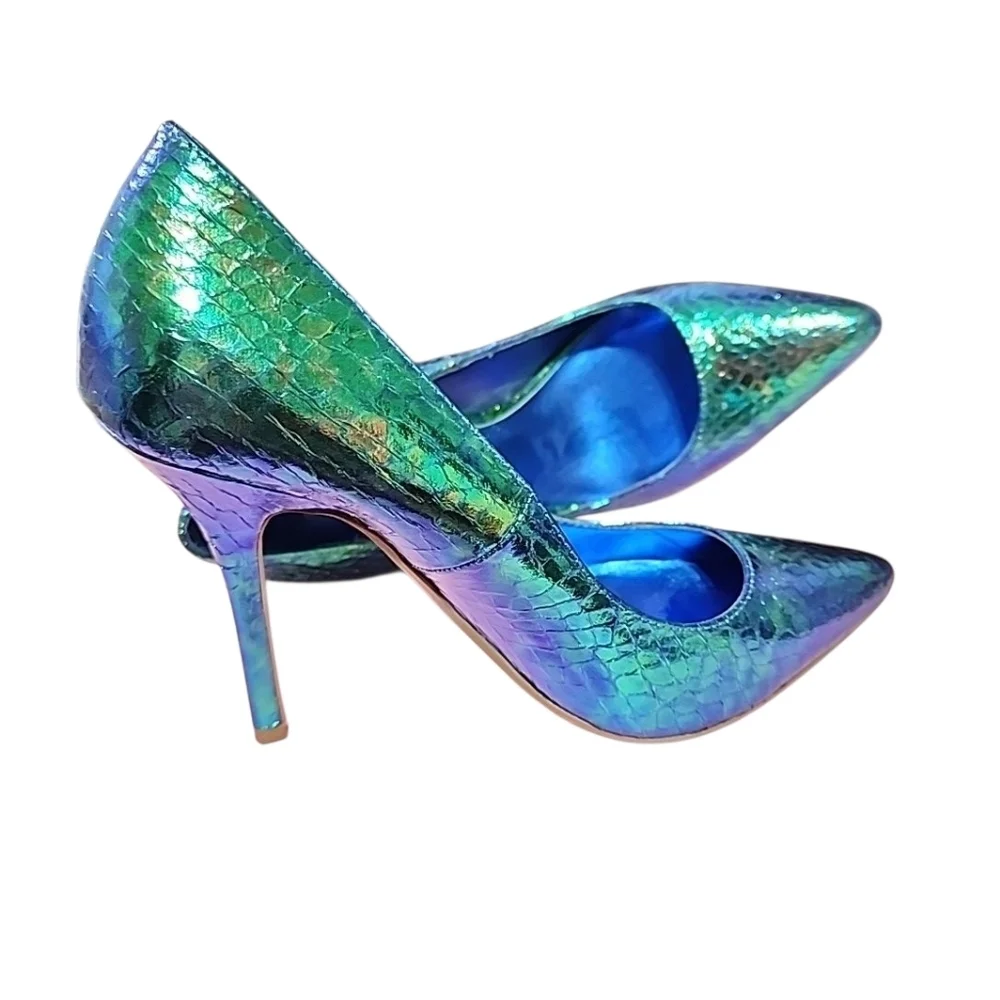Dune London Iridescent Green Blue Snake Print Heels – Size 38 (US 7.5)